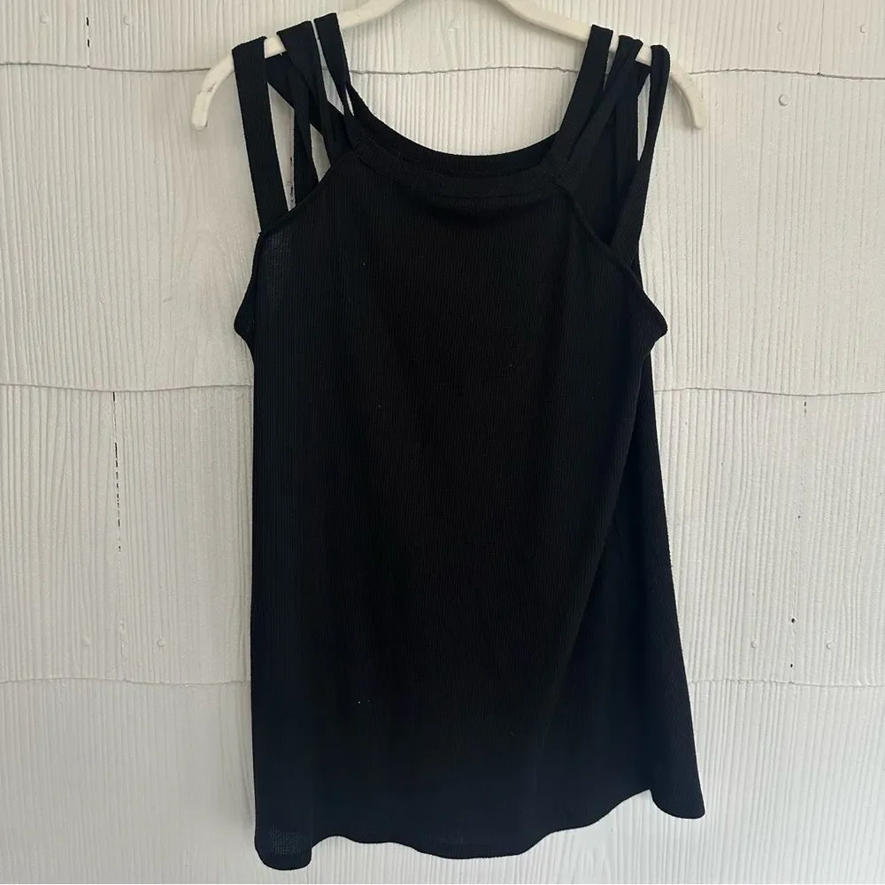 7th Ray Women’s Large Black Strappy Shoulder Sleeveless Tank Top Waffle Knit - Picture 2 of 4